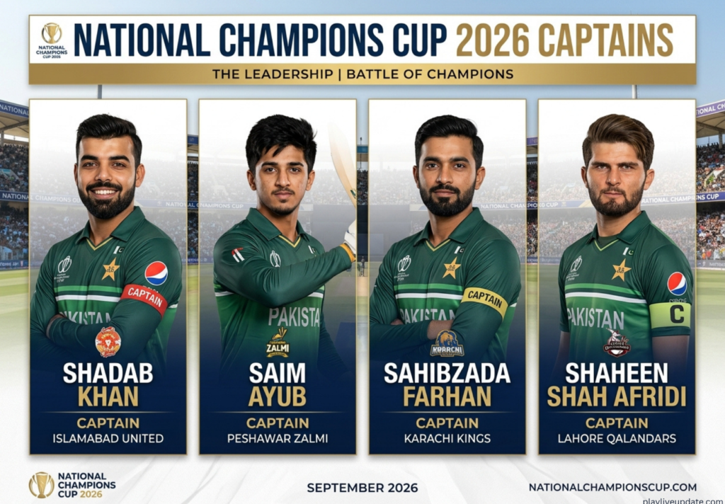 National Champions Cup 2026 captains Shadab Khan, Saim Ayub, Sahibzada Farhan and Shaheen Shah Afridi