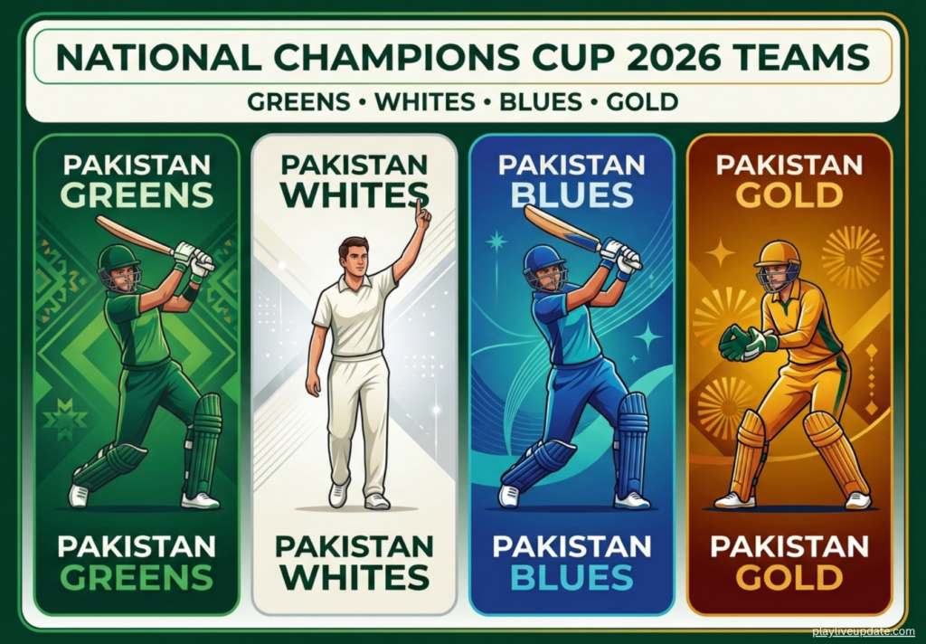 Pakistan Greens, Pakistan Whites, Pakistan Blues and Pakistan Gold in the National Champions Cup 2026